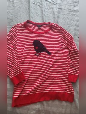 Talbots Red and White Striped Crewneck Sweater with Navy Bird Print